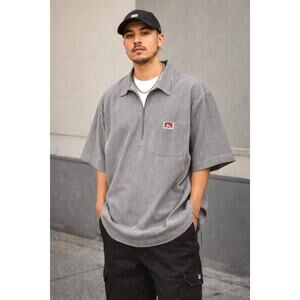 Vintage 90s Ben Davis 1/4 Zip Work Shirt Railroad Striped Made in USA Gray Men M